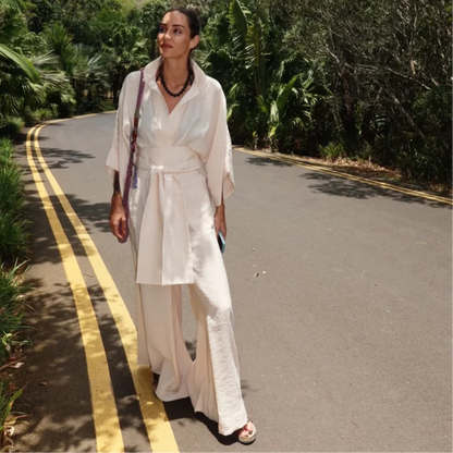 Linen Lace Up Women's Jumpsuit High V-neck Full Sleeve Top Loose Straight-leg Pants 2025 Summer Chic Female Casual Streetwear