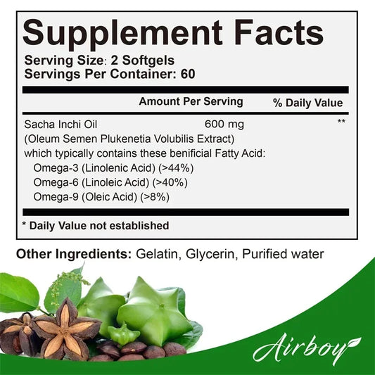 Sacha Inchi Oil Capsules - Supports Brain, Heart, Eye, Skin Health, Balances Cholesterol, Improves Digestion, Boosts Immunity