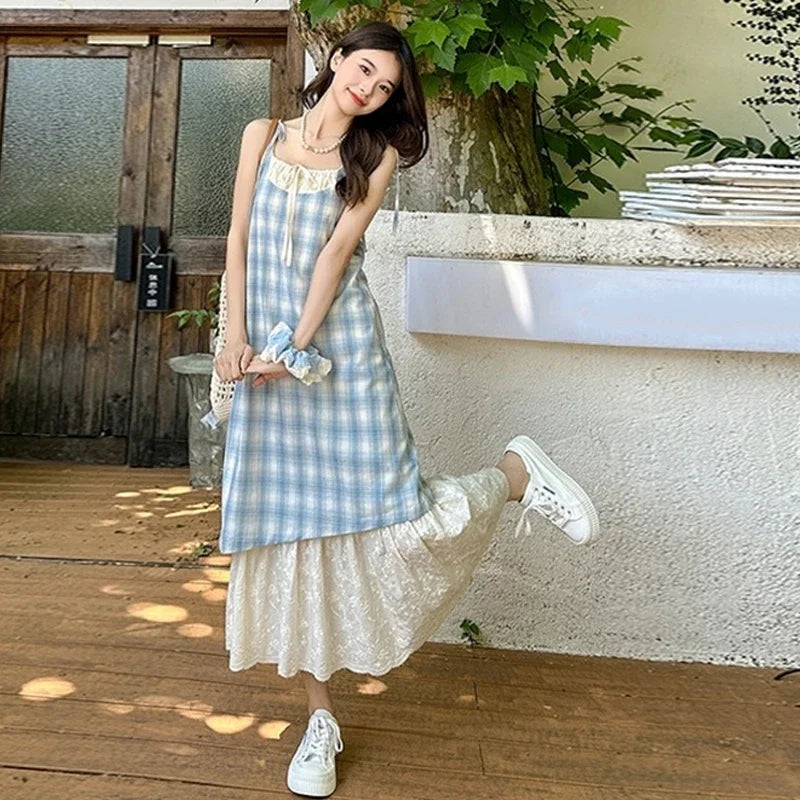 Women Plaid Fake Two Piece Suspender Dress Women Summer Retro Loose Long Lace Patchwork Plaid Sleeveless Dress for Women 2025