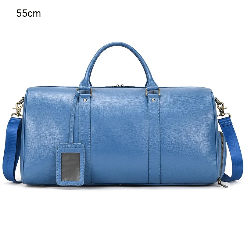 Luxury Genuine Leather Men Women Travel Bag Cow Leather Carry On Luggage Bag Travel Shoulder Bag Male Female Weekend Duffle Bag Blue(55cm)