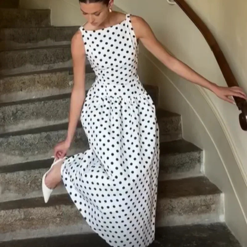 Fashion Polka Solid Slim Vestido Lady Elegant Chic Sleeveless Off Shoulder Pleat Square Neck Maxi Dress Summer Dinner Party Wear