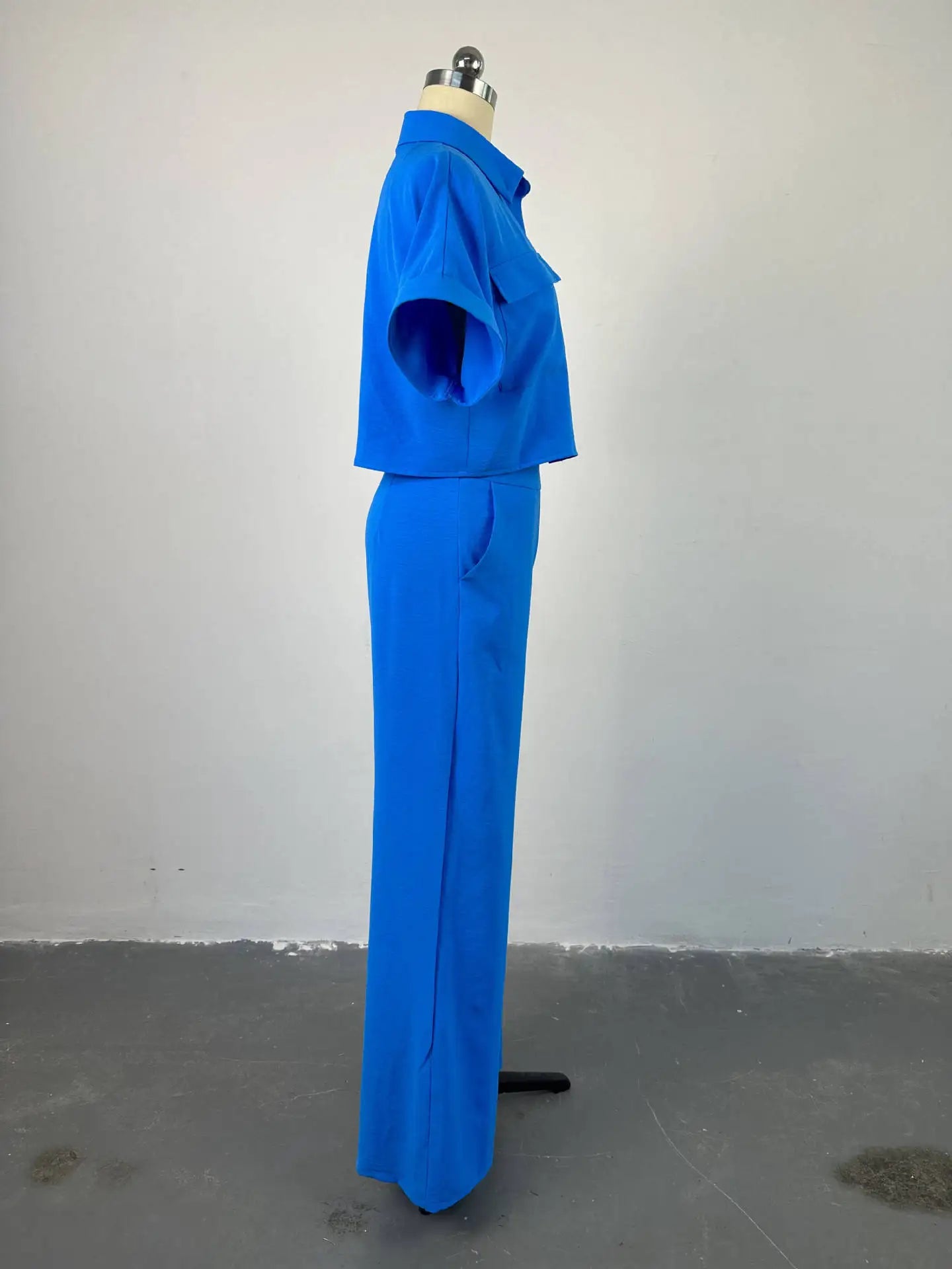 Women's Two Piece Sets Spring Summer Casual Solid Turn-down Neck Short Sleeve Loose Top & Wide Leg Pants Set Streetwear Outfits