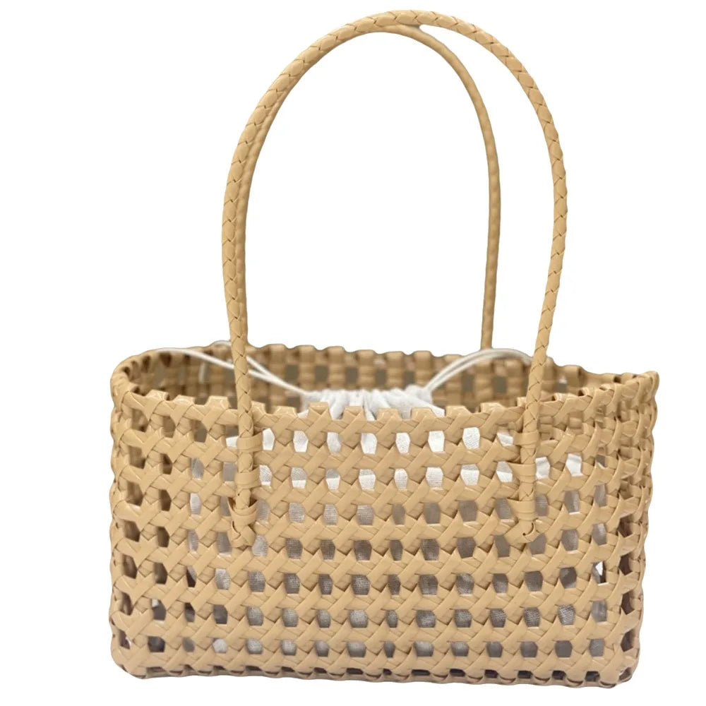Plastic Hollow Weave Bag Countryside Style Bohemian Style Beach Tote Bag Large Capacity Bucket Bag Vegetable Basket Bag Khaki with Lining