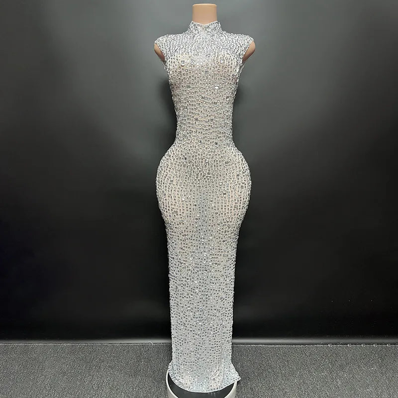 Sexy Full Drill Elastic Slim Fit Sleeveless Long Dress - Hip Wrap, For Host Stage Catwalk & Engagement Evening High-Slit Dresses Badiee Stylez