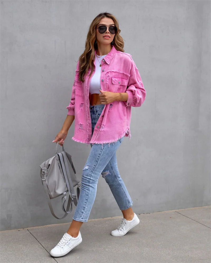 2025 Spring Autumn Shirt Style Denim Jacket Women Holes Raw-edges Jeancoat Casual Tops Female Oversize Loose Outerwear 7 Colors