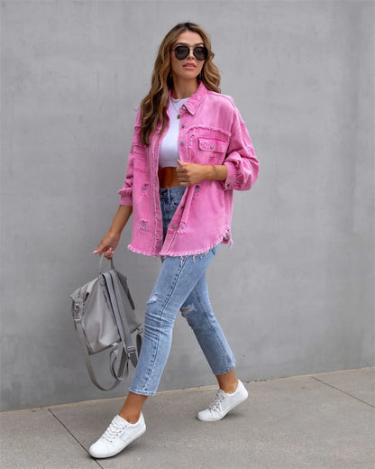 2025 Spring Autumn Shirt Style Denim Jacket Women Holes Raw-edges Jeancoat Casual Tops Female Oversize Loose Outerwear 7 Colors