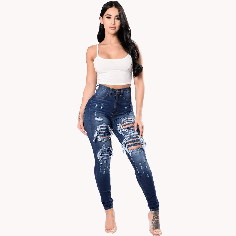 Botvotee Ripped Skinny High Waisted Pencil Jeans for Women Casual Y2K Streetwear Denim Pants Dark Blue Elastic Jeans Woman - Badiee Stylez