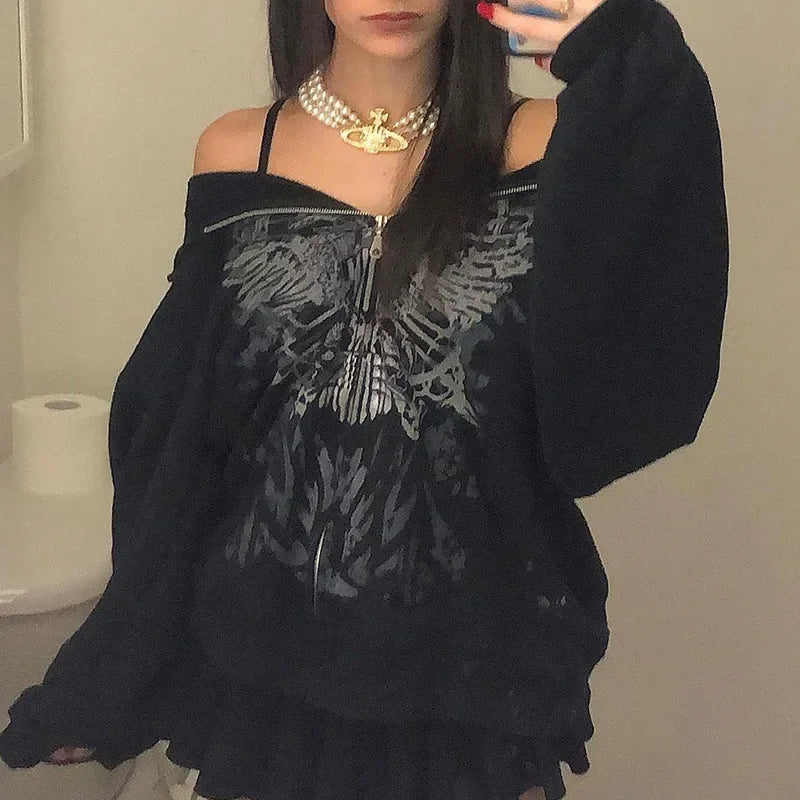 Y2K Gothic Butterfly Print Zip Up Women Hoodies 2025 Winter Grunge Skeleton Sweatshirt Casual Hooded Jacket Streetwear Hoodie
