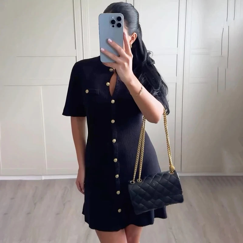 Elegant White Knitted Mini Dress Women Sexy Slim Fit Ribbed Knit Dress Metal Button Short Sleeve Holiday Party Mini Dress black
