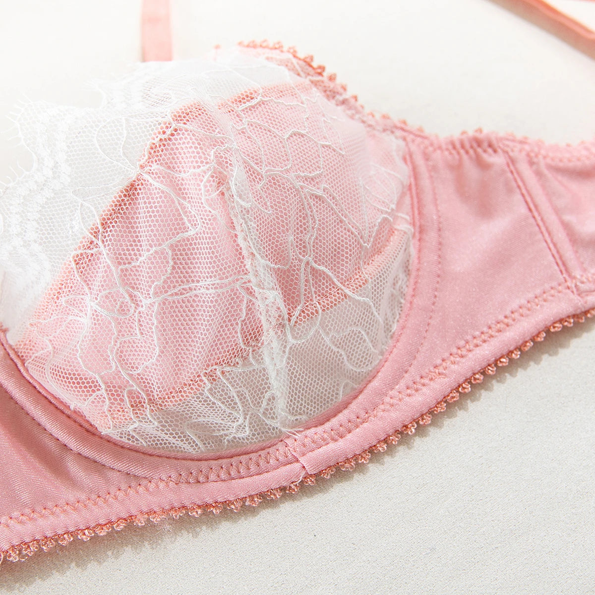 French Satin Lace Bra And Thong Set Sexy Ultrathint Lace Patchwork Lingerie Two Picec Sets Fancy Erotic Intimate Underwear Suit