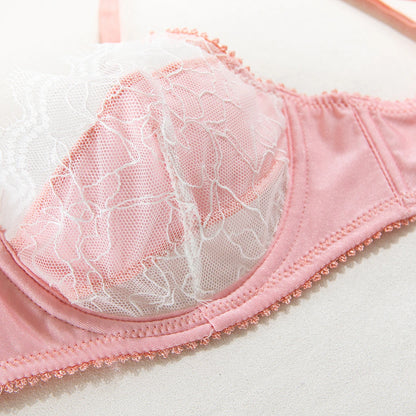 French Satin Lace Bra And Thong Set Sexy Ultrathint Lace Patchwork Lingerie Two Picec Sets Fancy Erotic Intimate Underwear Suit