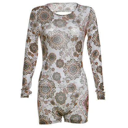 Weird Puss Backless Peach Buttocks Playsuit Women Flowers Print Autumn Trend Full Sleeve O-Neck Streetwear Sporty Workout Romper