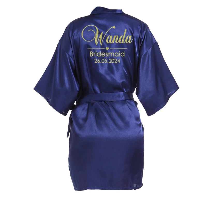 Customized Name Date Wedding Bathrobe Faux Silk Bridal Robe Bride Bridesmaid Wedding Robes Woman Bachelorette Hen Party navy blue robe