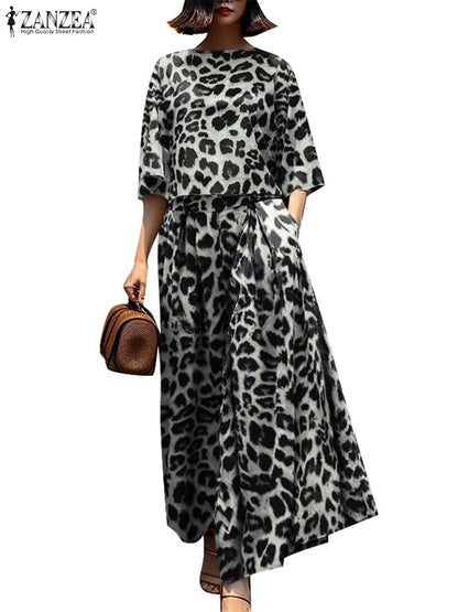 2PCS Vintage Women Matching Sets Leopard Print Tracksuits Autumn Trousers Suit ZANZEA Casual O Neck 3/4 Sleeve Blouse Pant Sets Badiee Stylez