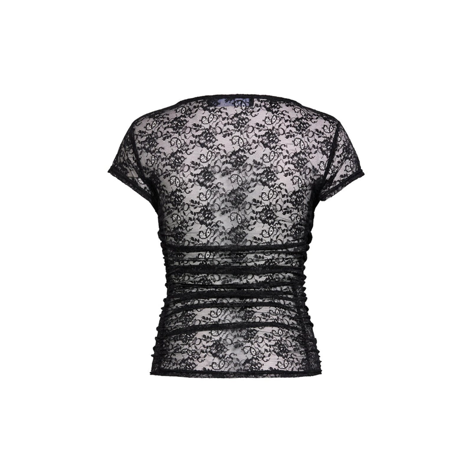 Women Lace Sexy Y2k Basics Minimalist Tanks Camis T-shirt Crew Neck Short Sleeve See-through Summer Tops for Club Party