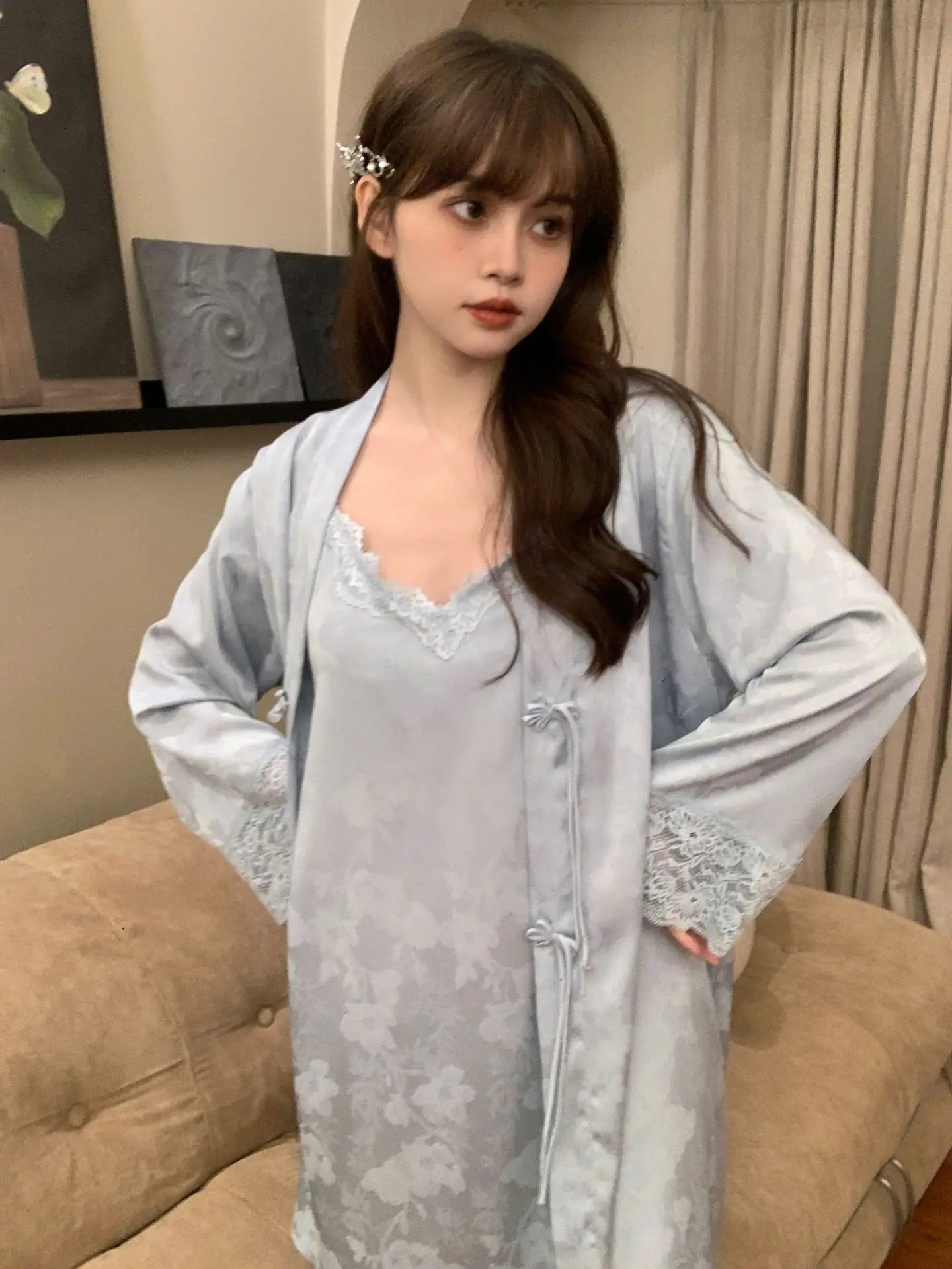 New Chinese Style 2PCS Robe Nightgown Set Sleepwear Sexy Lace Suspender Nightdress Loungewear Jacquard Satin Bathrobe Homewear Badiee Stylez
