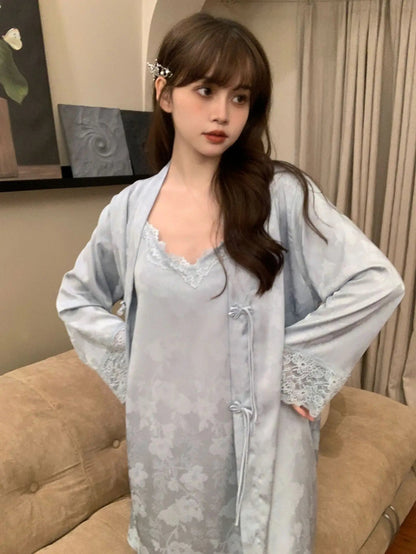 New Chinese Style 2PCS Robe Nightgown Set Sleepwear Sexy Lace Suspender Nightdress Loungewear Jacquard Satin Bathrobe Homewear Badiee Stylez