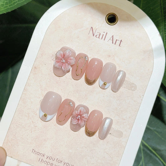 10Pcspink Hand Carved 3D Flowers Elegant False Nails Short Oval Almond Gentle Fashion Nails Detachable Artificial Manicure Tips