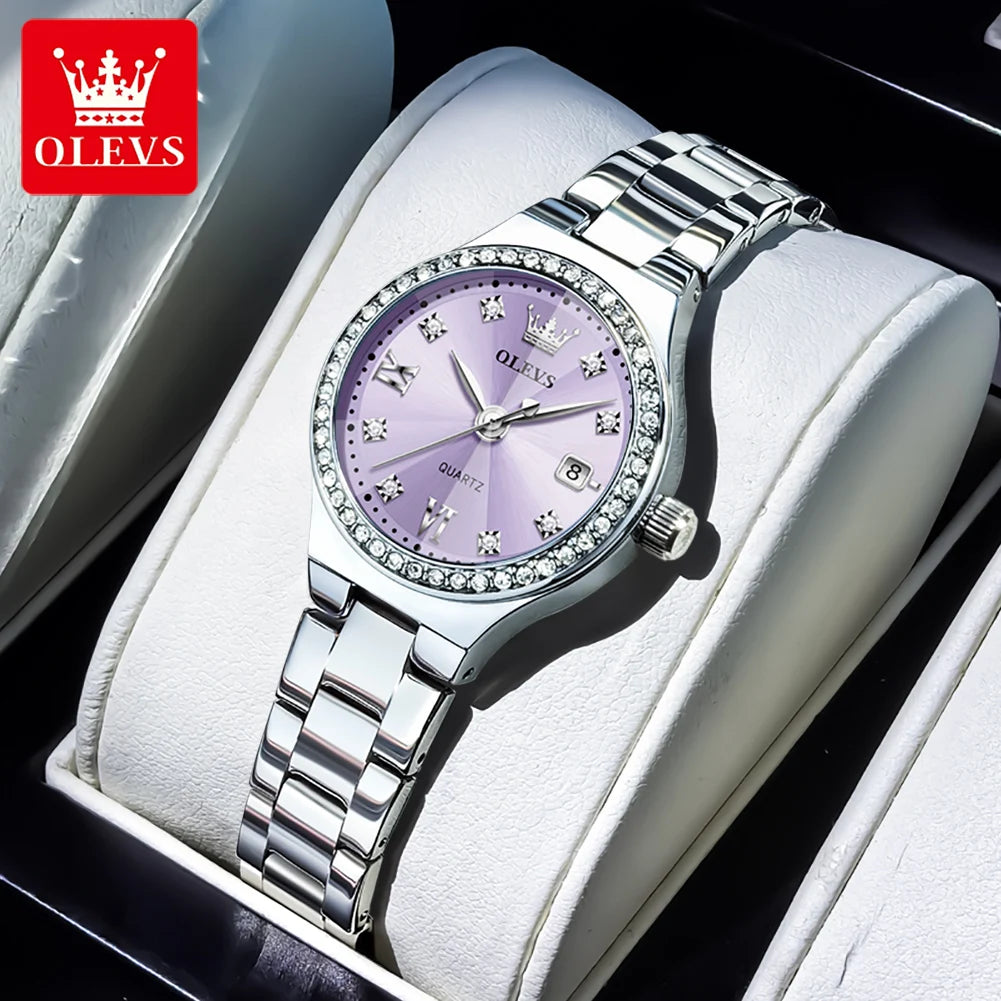 OLEVS 5628 Women Watch Luxury Elegant Quartz Watch Stainless Steel Waterproof Luminous Diamond Bezel Ladies Watch Bracelet Set Silver Purple CHINA Yes