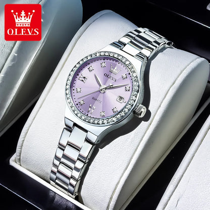 OLEVS 5628 Women Watch Luxury Elegant Quartz Watch Stainless Steel Waterproof Luminous Diamond Bezel Ladies Watch Bracelet Set Silver Purple CHINA Yes