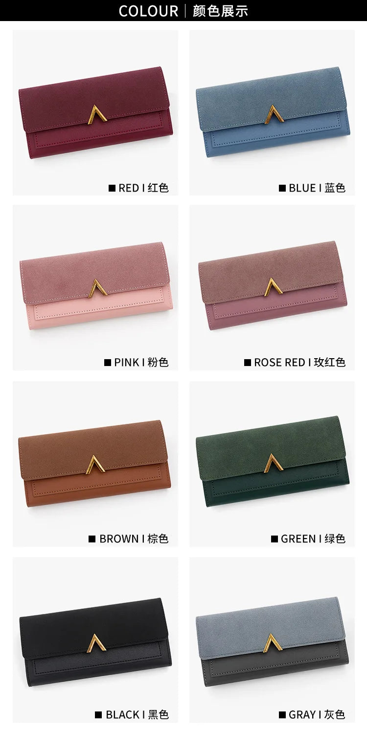 New Korean version women's wallet long V-shaped buckle three fold wallet for women, hand-held bag, change card bag