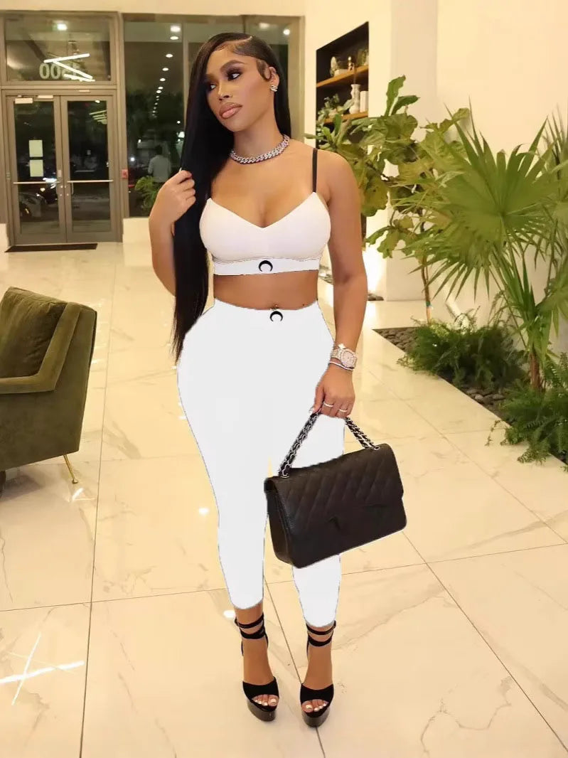 STYLISH LADY Letter Printed Workout 2 Piece Set Women Spaghetti Strap Crop Top and Skinny Pant Suits 2025 Summer Sports Outfits