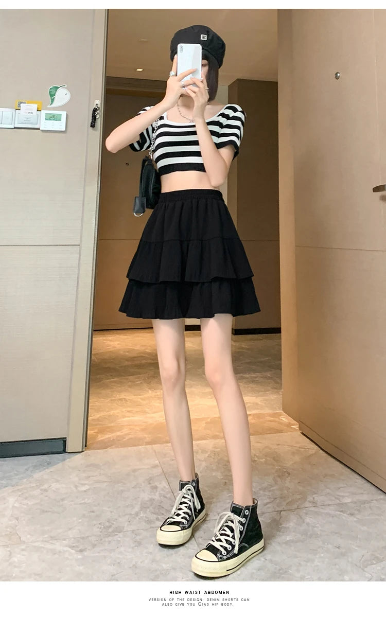 Casual Summer Ball Gown Pleated Skirts Women 2024 Korean Fashion Clothing Faldas Largas High Waist Black White A Line Mini Skirt