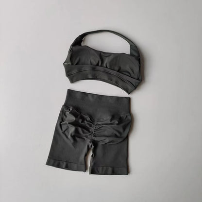 2 Pieces Yoga Suit for Women Seamless Fitness Gym Clothes Halter Sports Bra Matching Impact Shorts Workout Sets Gym Outfit Dark Grey CN
