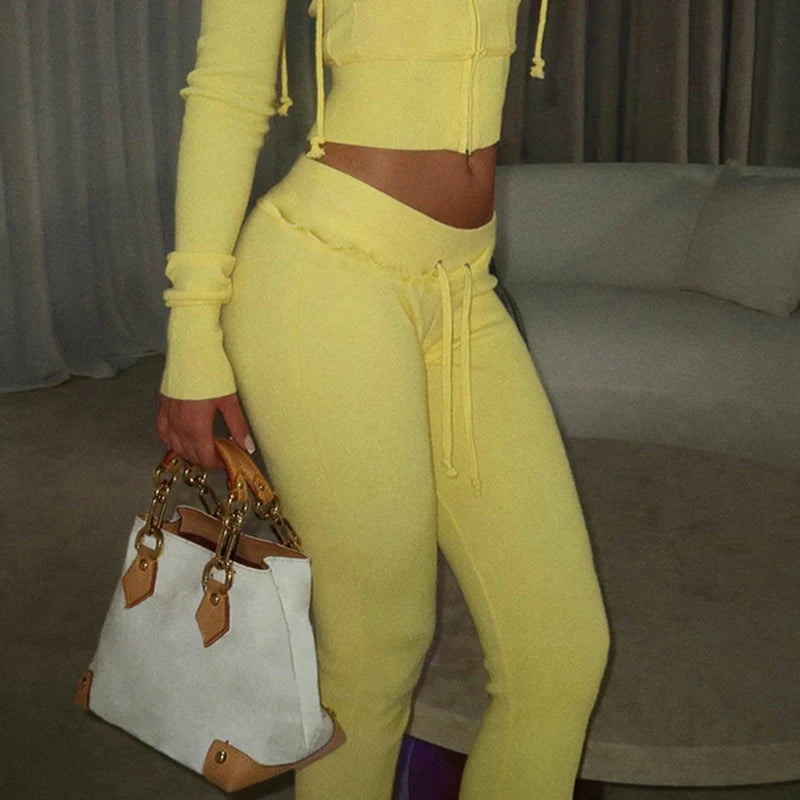 BIIKPIIK Drawstring Hooded Hoodie Suits Autumn Winter Solid Zipper Women Casual Pants Set Street Sporty Sweatshirt Two Piece Set