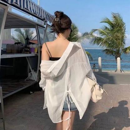 Thin Long Sleeve Sunscreen Shirt Woman Korean Fashion Back Split Lace Up White Shirts Women Casual Loose Holiday Beach Blouse