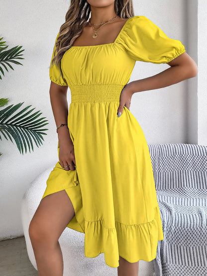 Spring and Summer Elegant High Waisted Dress Square Neck Short Sleeved Ruffled Edge Long Dresses for Women Badiee Stylez