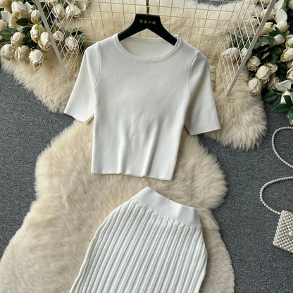 SINGREINY Casual Two Piece Sets Women Summer O Neck Top Elastic Waist Long Skirt Fashion Office Lady Korean Knit Suit