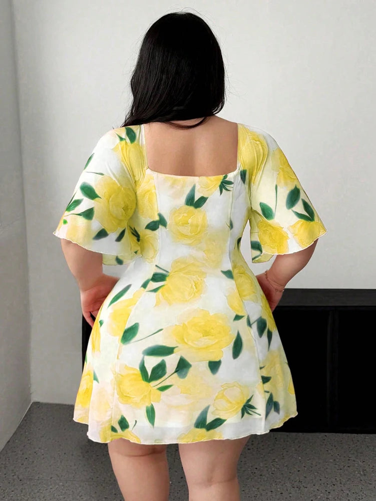 Plus Size Romantic Floral Pink Yellow Ruffle Sleeve Dress Short Sleeve V Neck Waistband Fitted Tiered