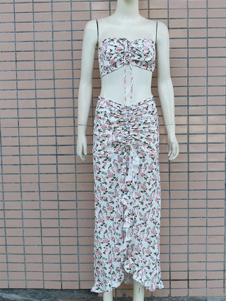 Floral Print Strapless Crop Tops & Shirring Ruffles Slit Maxi Skirts Set Women Summer Two Piece Set
