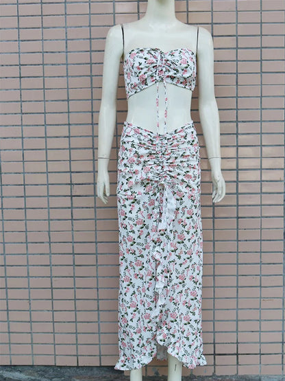 Floral Print Strapless Crop Tops & Shirring Ruffles Slit Maxi Skirts Set Women Summer Two Piece Set