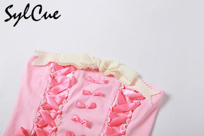 Sylcue Pink Sweet Cool Sexy Tight All-Match Femininity Charm Gorgeous Outer Wear Women'S Street Personality Drawstring Vest