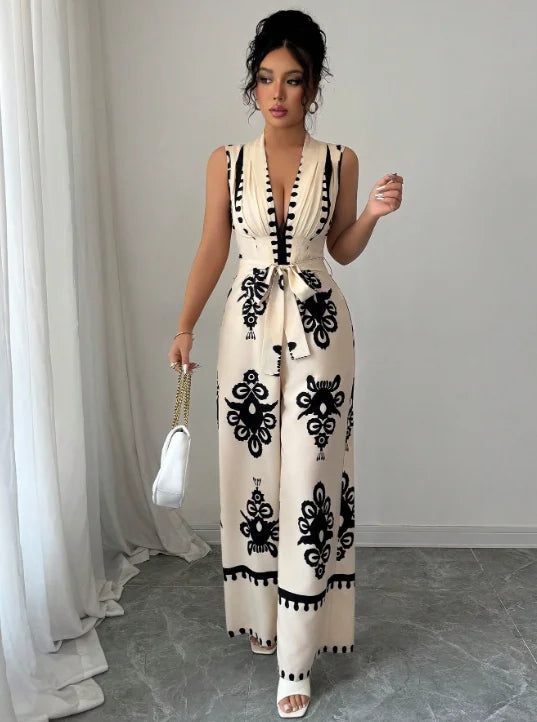 Women's fashion lace up printed V-neck wide leg jumpsuit Badiee Stylez
