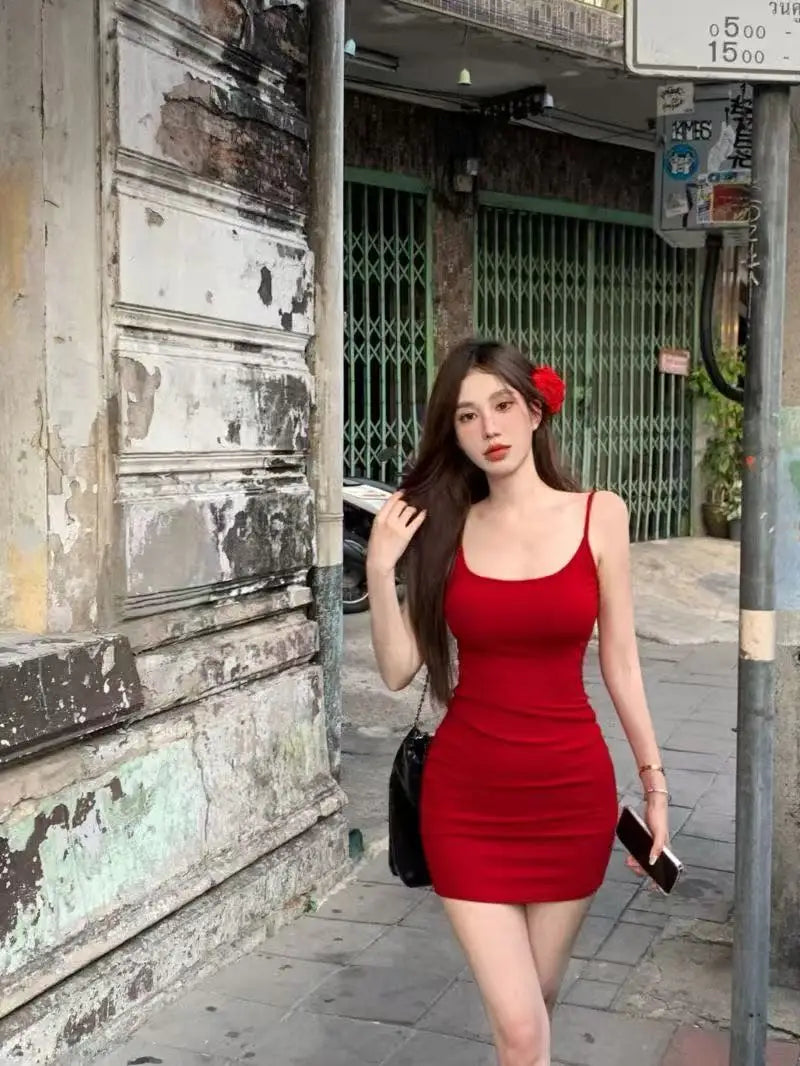 Pure wind red bow hollowed out beautiful back design halter dress female summer sexy slim-fit package hip skirt