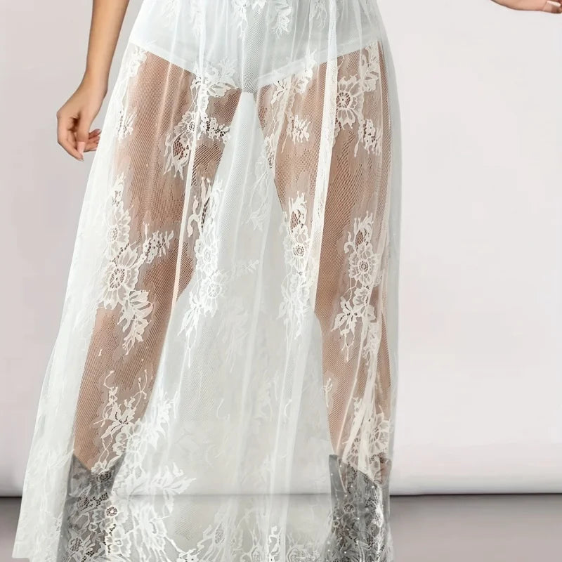 Y2k Black Mesh Long Gothic Skirt Women 2025 Summer High Waist Transparent Maxi Skirt With Shorts Lady Sexy White Lace Goth Skirt