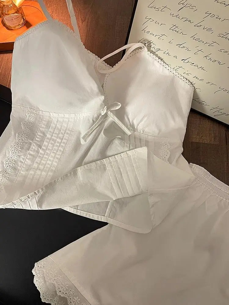 Lace Sleepwear Women Pajama Sets Spaghetti Strap Piiama Shorts Sets 2 Pieces Korean Night Wears Summer Cute White Home Suit 2025