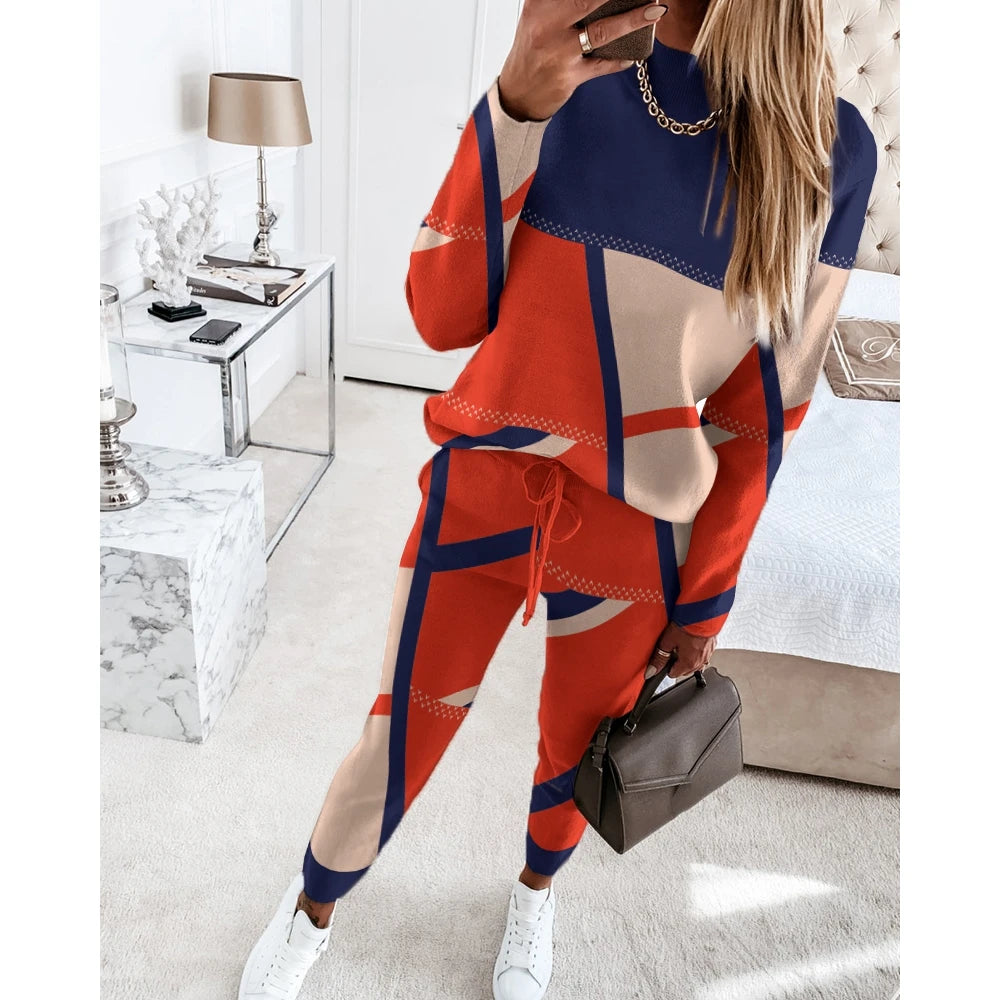 Women Casual Two Piece Sets Fashion Geometric Print O-Neck Long Sleeve Tops and Drawstring Pencil Pants Sets Office Lady Outfits Badiee Stylez