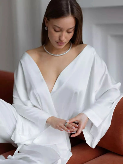 Mozuleva Solid Color Long Sleeved Pants Pajama 2-Piece Set Women's Autumn Winter Lace Up Nightgown Comfortable Home Clothing