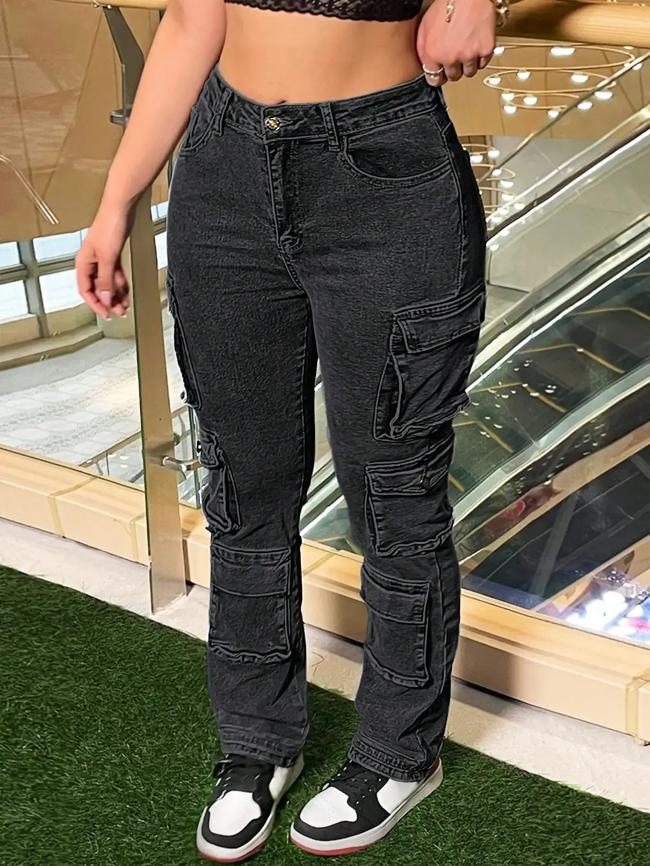 Women Y2K Street Cargo Style Slim-Fit Jeans Stretchy Button Zipper Side Pockets Casual Fashion Comfortable Denim Pants-Black