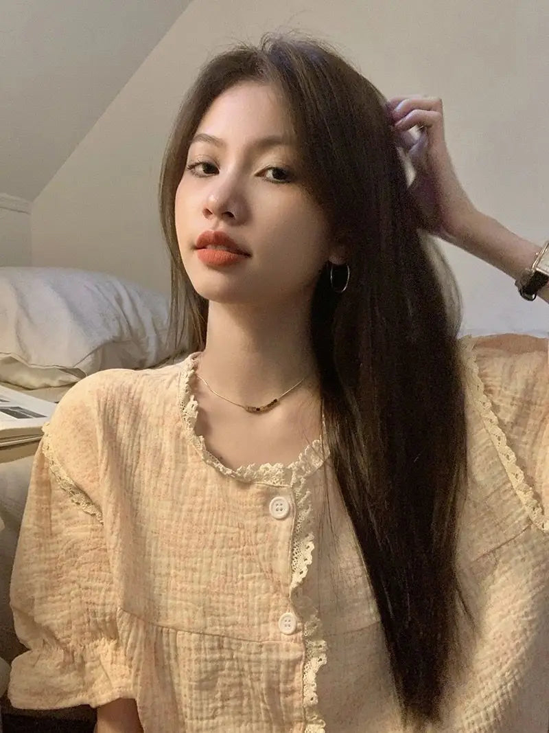 Ruffles Women Pajamas Sets for Home Summer Floral Sleepwear Shorts Sleeve Lace 2 Pieces Button Night Wears Korean Home Suit 2024