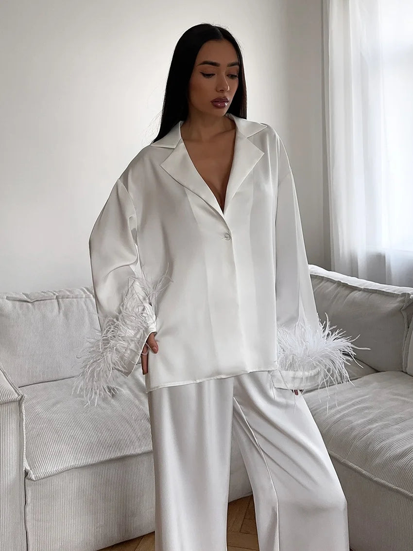 Marthaqiqi Feathers Female Nightgowns Suit Sexy Turn-Down Collar Sleepwear Long Sleeve Nightwear Pants Fashion Women Pajamas Set