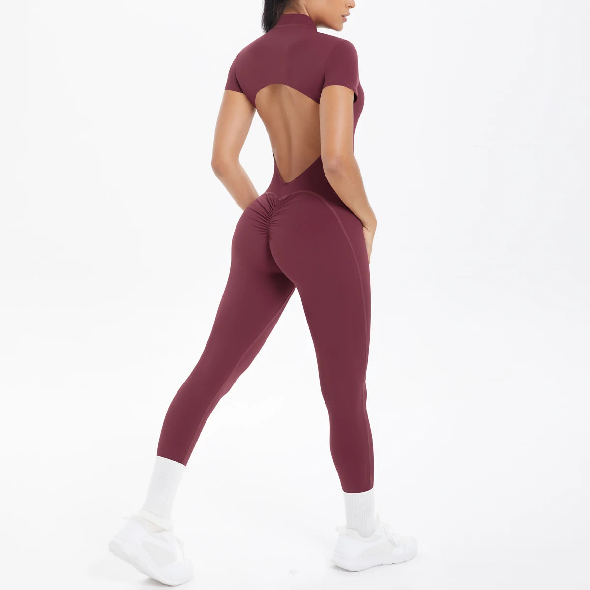 Short Sleeved Fitness Jumpsuit for Woman Bodysuits Backless Solid Color Scrunch One-Piece Suit Half Zipper Gym Yoga Sets Womens