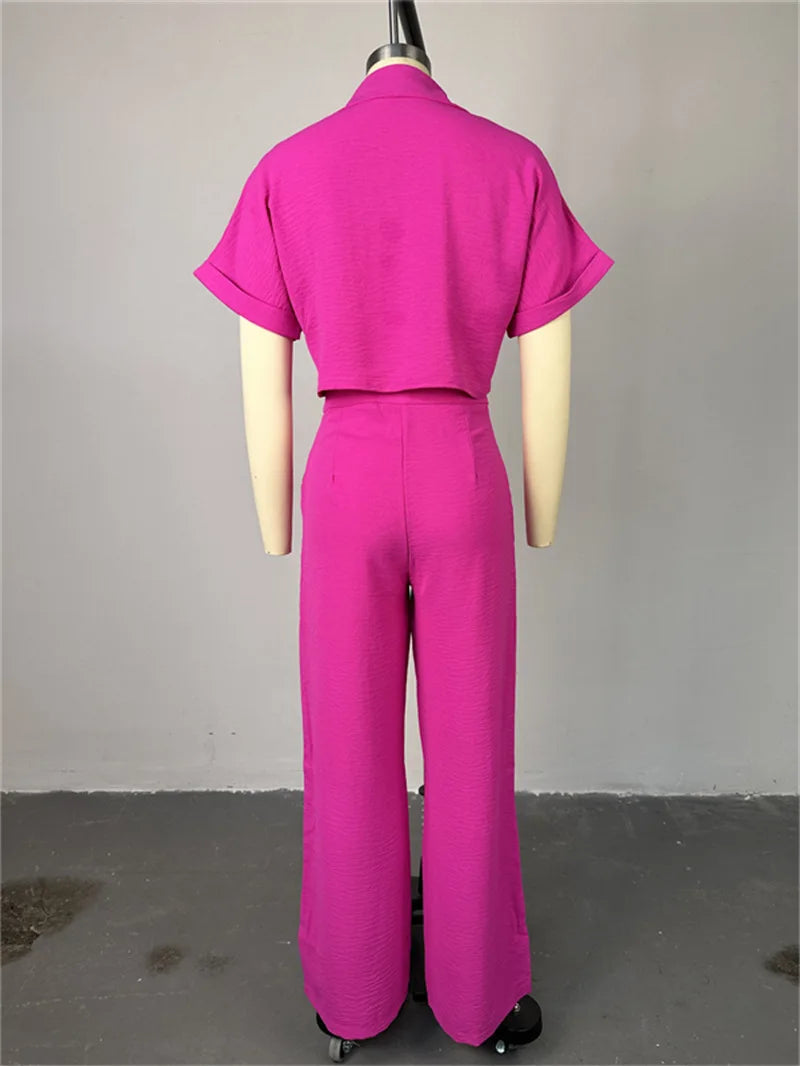 Women's Two-piece Set Spring Summer New Style Lapel Short-sleeved Shirt High Waist Wide Leg Trousers Casual Suit Women Clothing