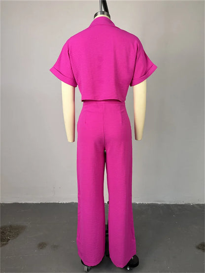 Women's Two-piece Set Spring Summer New Style Lapel Short-sleeved Shirt High Waist Wide Leg Trousers Casual Suit Women Clothing