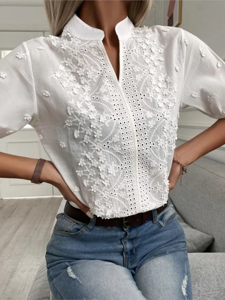 Summer Women's White Top Blouse New Fashion Elegnat V Neck Short Sleeve Casual Office Party Tops Shirts Female Lace Shirt