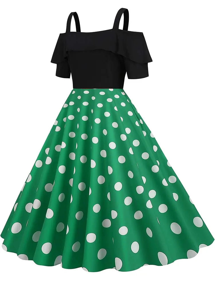 Off the Shoulder Elegant Vintage Party Dress Women Summer Polka Dot Ruffles A Line Midi Dresses